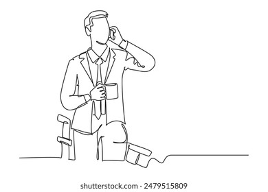 Continuous one line drawing of young male business owner get a phone call from his supplier to tell supply delivery schedule. Business call concept. Single line draw design vector graphic illustration