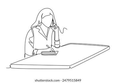 Continuous one line drawing young active businesswoman writing on a piece of paper while receiving phone from her colleagues. Business call concept. Single line draw design vector graphic illustration