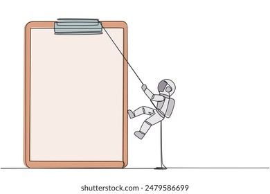 Continuous one line drawing young astronaut climbing clipboard with rope. Extra effort to work on reports optimally. The final report is awaited. Work hard. Single line draw design vector illustration