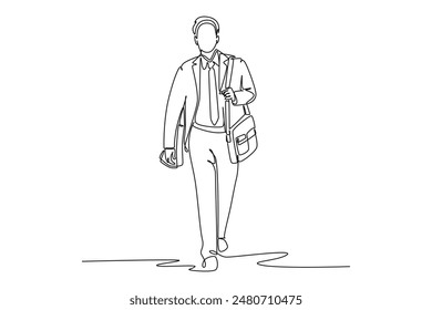 Continuous one line drawing young male manager walking in hurry at city street try not be late for work meeting at office. Urban commuter worker concept. Single line design vector graphic illustration