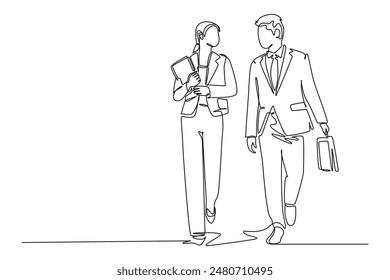 Continuous one line drawing of young couple male and female managers discussing new strategy plan to company growth. Urban commuter workers concept. Single line draw design vector graphic illustration