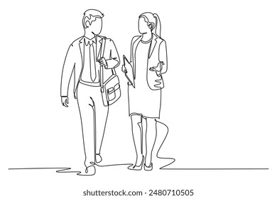 Continuous one line drawing young couple male and female employees discussing new strategy plan to company growth. Urban commuter workers concept. Single line draw design vector graphic illustration