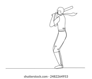 Continuous one line drawing young agile woman baseball player ready to hit the ball. Baseball league professional tournament. Sport exercise healthy concept. Single line draw design vector graphic
