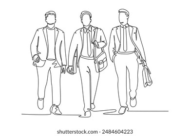 Continuous one line drawing young happy businessmen walking together and discussing new big collaboration project. Urban commuter workers concept. Single line draw design vector graphic illustration