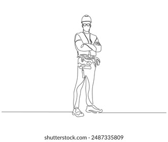 Kontinuierliche Einzeilenzeichnung des jungen Baukoordinator-Managers. Eine Linie Zeichnung Illustration des jungen Architekten. Gebäudearchitektur Business, Labor Day Concept Line Art. Editable Outline