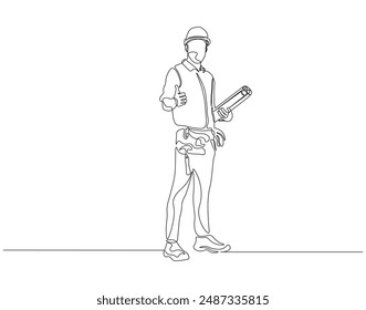 Kontinuierliche Einzeilenzeichnung des jungen Baukoordinator-Managers. Eine Linie Zeichnung Illustration des jungen Architekten. Gebäudearchitektur Business, Labor Day Concept Line Art. Editable Outline
