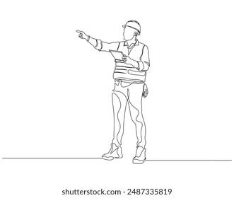 Continuous one line drawing of young construction coordinator manager. One line drawing illustration of young architect. Building architecture business, Labor day concept line art. Editable outline