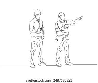 Continuous one line drawing of young construction coordinator manager. One line drawing illustration of young architect. Building architecture business, Labor day concept line art. Editable outline