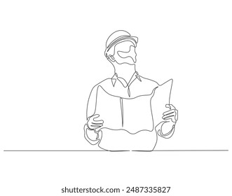 Continuous one line drawing of young construction coordinator manager. One line drawing illustration of young architect. Building architecture business, Labor day concept line art. Editable outline