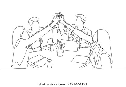 Continuous one line drawing of young office workers giving high five together, business teamwork concept, single line art.