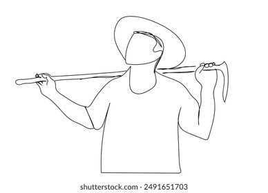 Continuous one line drawing young male farmer carried hoes on his shoulders and ready to go to farm. Farming challenge minimalist concept. Single line draw design vector graphic illustration.