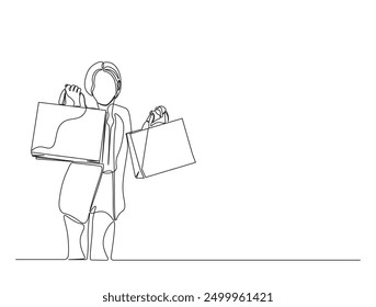 Continuous one line drawing of young woman Carrying shopping bag. Happy shopping and sale concept.