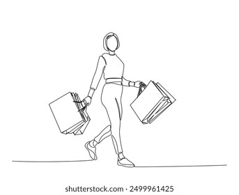 Continuous one line drawing of young woman Carrying shopping bag. Happy shopping and sale concept.