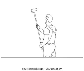 Continuous one line drawing of young handyman holding paint roller. One line drawing illustration of painter wall renovation. Contruction project, Renovation concept vector design. Editable outline