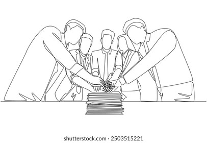 Continuous one line drawing of young office workers unite hands over pile of documents, teamwork and collaboration, team effort to complete task concept, single line art.