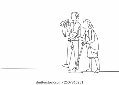 Continuous one line drawing a young woman helps old grandmother walk with stick. Help ease the burden on the elderly. Volunteer. World Social Work Day. Single line draw design vector illustration