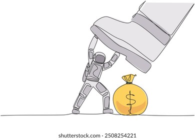 Continuous one line drawing young astronaut holds back giant foot that want to step on money bag. Get full disturbance from intruder. Cosmonaut deep space. Single line draw design vector illustration