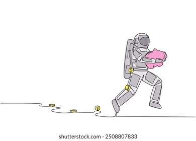 Continuous one line drawing young astronaut running while carrying a piggy bank with coins scattered around. Saving space expedition investments. Cosmonaut. Single line draw design vector illustration