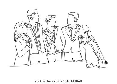 Uma linha contínua desenhando jovens homens e mulheres de negócios posando se abraçando para comemorar seu sucesso. Conquista do objetivo comercial. Ilustração gráfica vetorial de design de desenho de linha única