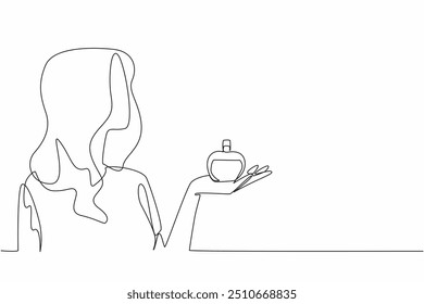 Continuous one line drawing young woman puts perfume bottle on palm. Really like the classic scent of perfume. Increases confidence. National Fragrance Day. Single line draw design vector illustration