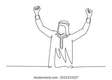 Continuous one line drawing young happy Moslem businessman raise his hands to celebrate success. Arabian male worker achieve company sales target. Single line draw design vector graphic illustration