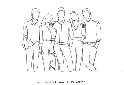 Kontinuierliche einzeilige Zeichnung von jungen Büromitarbeitern, die selbstbewusst zusammenstehen, professionelles Business Team Konzept, Single Line Art.