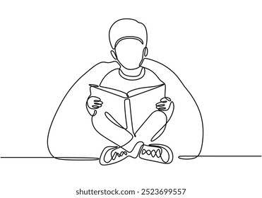 Continuous one line drawing of a young boy immersed in reading a book. Portrays the joy of discovery and imagination in a minimalist form.