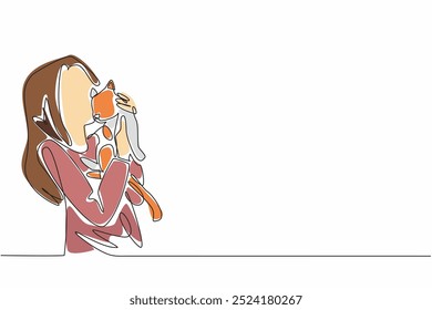 Continuous one line drawing a young woman embracing her feline companion. The simplicity and beauty of their shared moment. National Love Your Pet Day. Single line draw design vector illustration