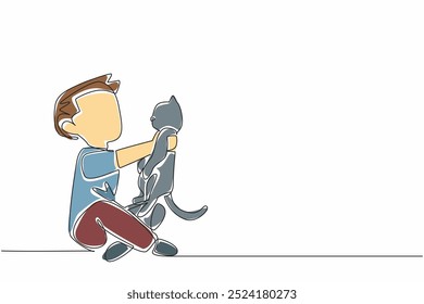 Uma linha contínua desenhando um menino alegremente segurando seu gato no ar. Brincalhão. Afetivo. Alegria. Companhia. Dia Nacional Amo Seu Animal De Estimação. Ilustração de vetor de design de desenho de linha única