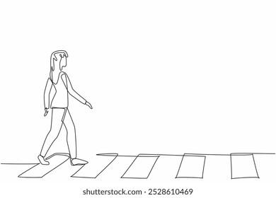 Continuous one line drawing young woman walking on zebra crossing. Good habit. Do not cross anywhere. Respect each other. Pedestrian. National Walking Day. Single line draw design vector illustration