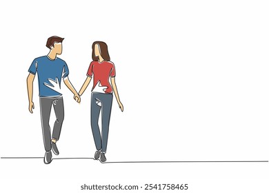 Continuous one line drawing young couple holding hands and walking together. Romance all the way. Healthy activities with loved ones. National Walking Day. Single line draw design vector illustration