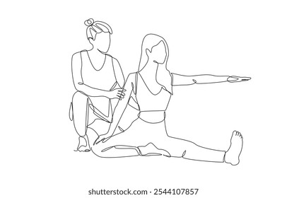 Continuous one line drawing of young woman taking private yoga lesson with yoga instructor, single line art.