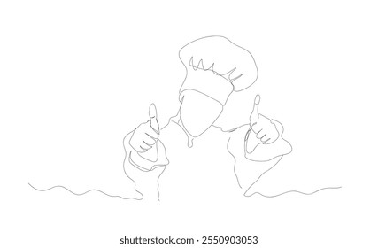 Continuous one line drawing of young happy beauty female chef giving thumbs up gesture. Excellent taste of food in hotel restaurant concept. Hand made vector not AI.