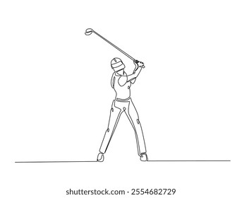 Continuous one line drawing of young woman playing golf. Female golfer swinging the stick to hit ball illustration. Editable vector. 