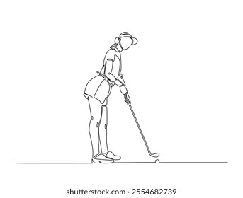 Continuous one line drawing of young woman playing golf. Female golfer swinging the stick to hit ball illustration. Editable vector. 