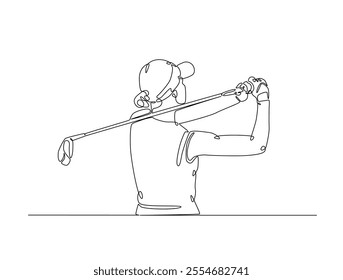 Continuous one line drawing of young woman playing golf. Female golfer swinging the stick to hit ball illustration. Editable vector. 