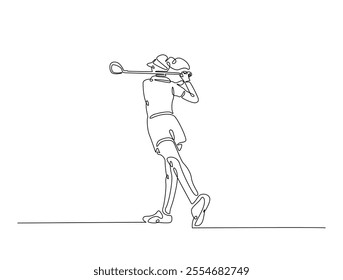 Continuous one line drawing of young woman playing golf. Female golfer swinging the stick to hit ball illustration. Editable vector. 