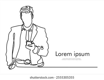 Continuous one line drawing of young businessman stand up and carrying smartphone on his hand isolated on white background. Business service excellence concept	