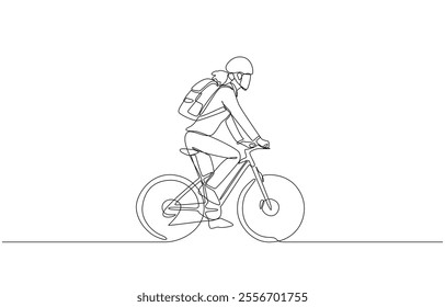 Continuous one line drawing of young female office worker riding bicycle to work, environmentally friendly commuting to work concept, single line art