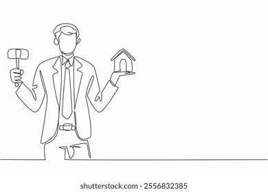 Continuous one line drawing young male auctioneer in suit and tie holding miniature house and wooden hammer. Troubled investment. National Auctioneers Day. Single line draw design vector illustration