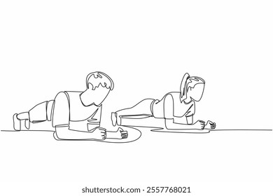 Continuous one line drawing young couple do plank workout exercise body weight lifting. Strong. Exercise. Fitness. Healthy life. National Exercise Day. Single line draw design vector illustration