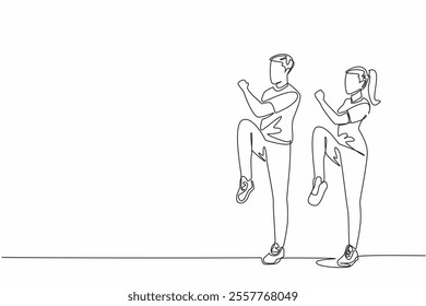 Continuous one line drawing young couple doing aerobics. Doing twist knees to elbow exercise. Sweating it out on a sunny weekend. National Exercise Day. Single line draw design vector illustration