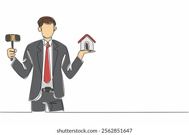 Continuous one line drawing young male auctioneer in suit and tie holding miniature house and wooden hammer. Troubled investment. National Auctioneers Day. Single line draw design vector illustration