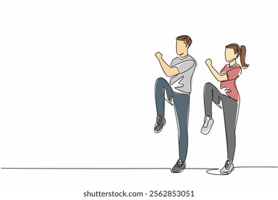 Continuous one line drawing young couple doing aerobics. Doing twist knees to elbow exercise. Sweating it out on a sunny weekend. National Exercise Day. Single line draw design vector illustration