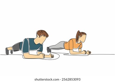 Continuous one line drawing young couple do plank workout exercise body weight lifting. Strong. Exercise. Fitness. Healthy life. National Exercise Day. Single line draw design vector illustration