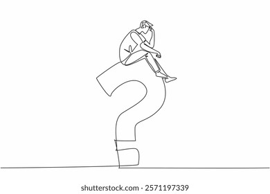 Continuous one line drawing young man sitting on a big question mark while contemplating. Miscalculation. Regret the choice deeply. National Day of Reason. Single line draw design vector illustration