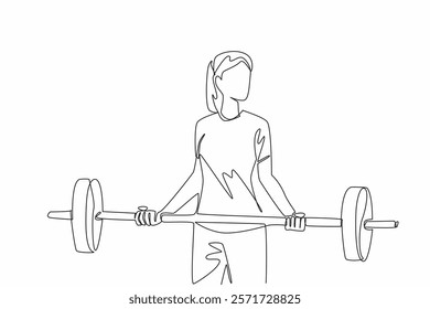 Continuous one line drawing young woman lifting a barbell with both hands. First test lifting 20 kilograms. The tough beauty. Sweat. National Fitness Day. Single line draw design vector illustration