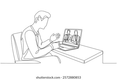 Continuous one line drawing of young man interviewing for job via video call, job interview concept, single line art