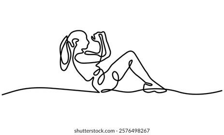 continuous one line drawing of young happy woman exercising ,   woman exercise sit up with fitness ball in gym fitness center graphic vector illustration.