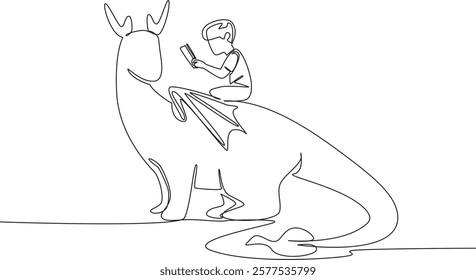 Continuous one line drawing young boy reading book on cute dragon. Delving into old folklore. Myth or fact. Fun. The nerd. Boy Reading Book at Animal Back. Single line draw design vector illustration